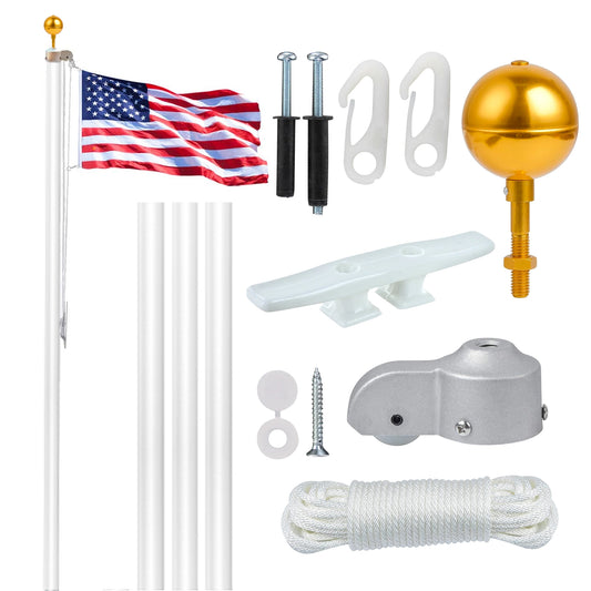 20ft white outdoor flagpole kit with American flag, gold ball topper, halyard rope, cleat, snap hooks, and mounting hardware.