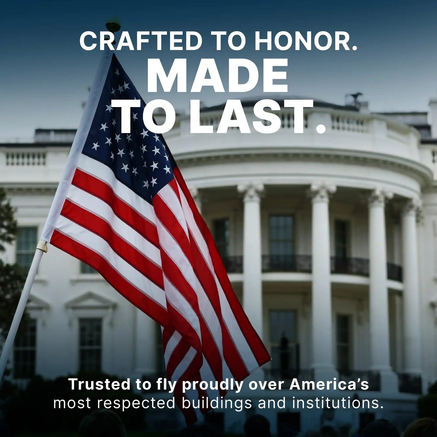 Large American flag flying in front of the White House, signifying trust and use at major national institutions.