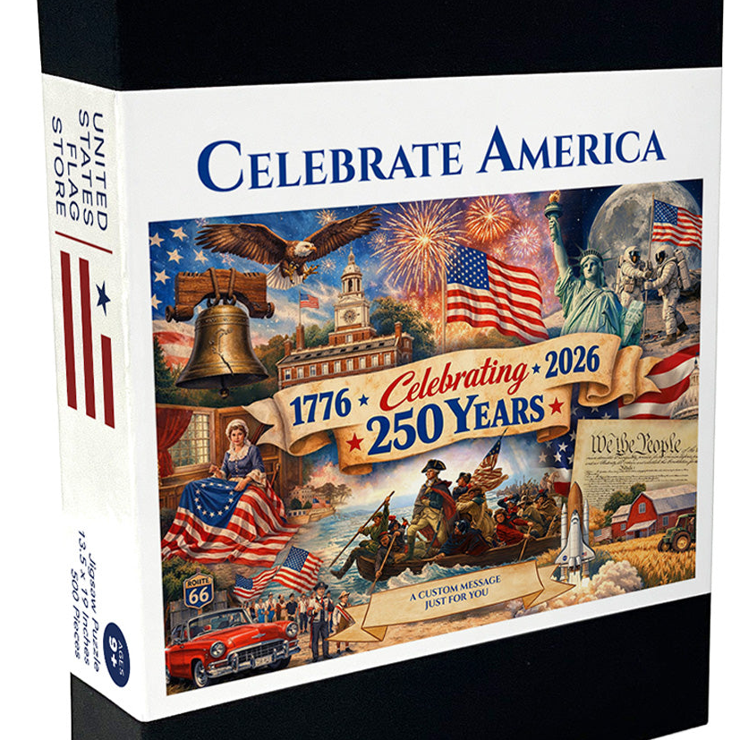 Packaging for a puzzle celebrating America's 250th anniversary with patriotic imagery.