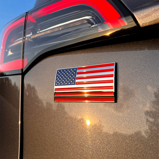 American Flag Car Badge - 3.8 American Flag Car Badge - 3.8" x 2" All-Weather Emblem - Red, Blue & Chrome Finish