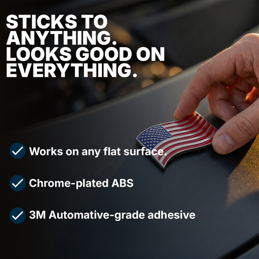 The Wavy American Flag Badge - 3.8 The Wavy American Flag Badge - 3.8" x 2.5" All-Weather Emblem - Red, Blue & Chrome Finish