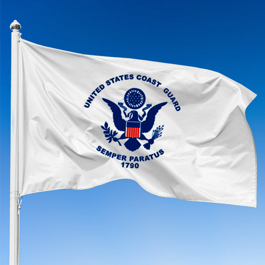 Coast Guard Flag 3' x 5' Nylon - Secondary Image - United States Flag Store United States Coast Guard flag waving against a clear blue sky