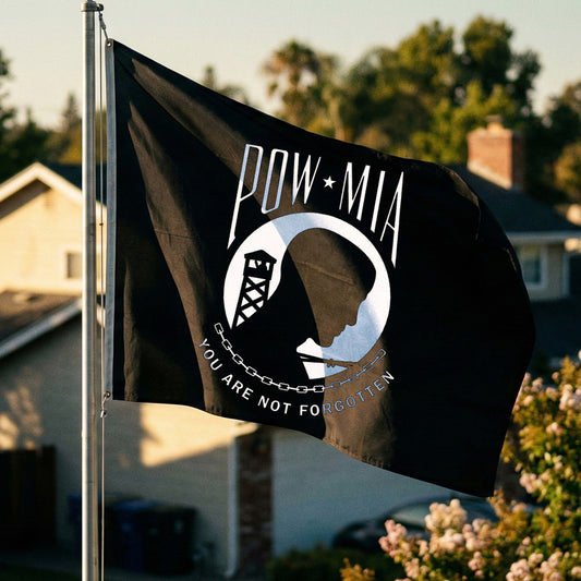 POW MIA Flag 5ft x 8ft Nylon - Double Sided - Secondary Image - United States Flag Store POW MIA Flag 5ft x 8ft Nylon - Double Sided