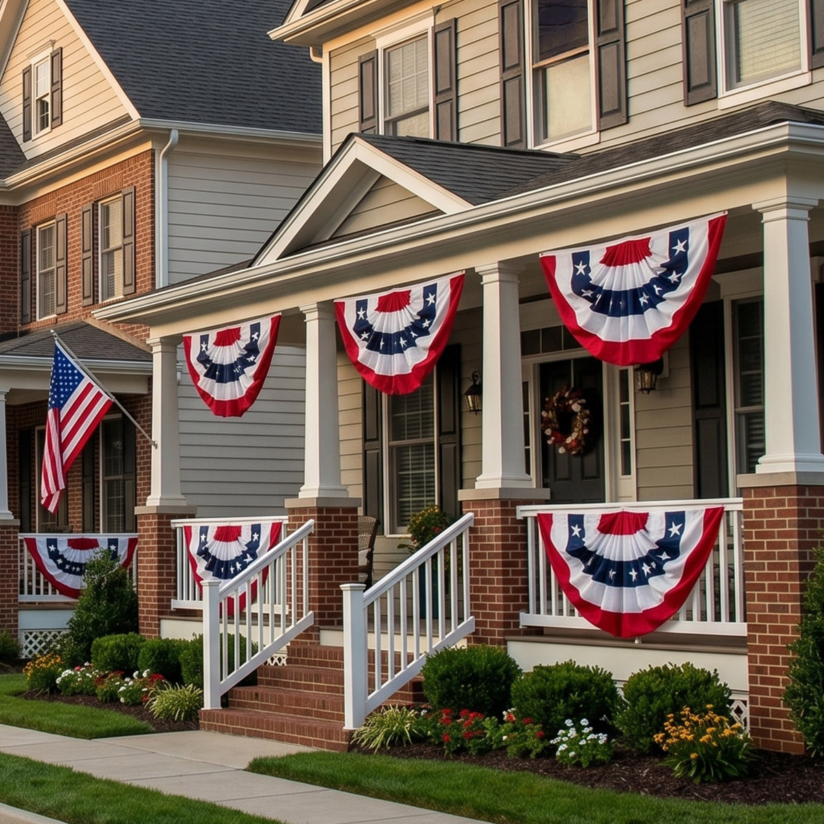 House with patriotic decorations including American flags and bunting on a porch.