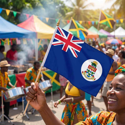 Cayman Islands 12 x 18 Inch Flag - Secondary Image - United States Flag Store Cayman Islands hand flag waved at a Caribbean outdoor festival