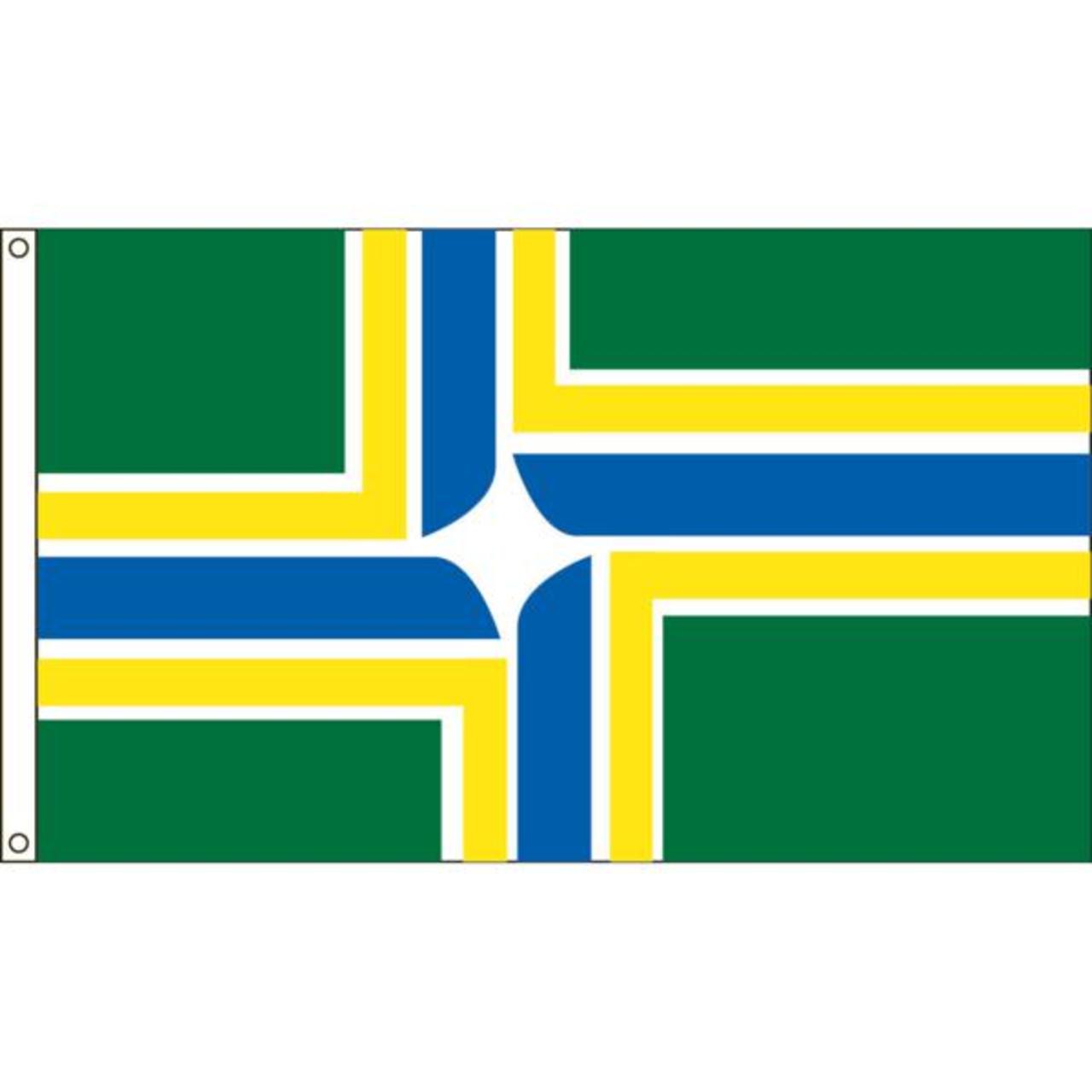 Portland city flag with green, yellow, and blue cross design on a white background
