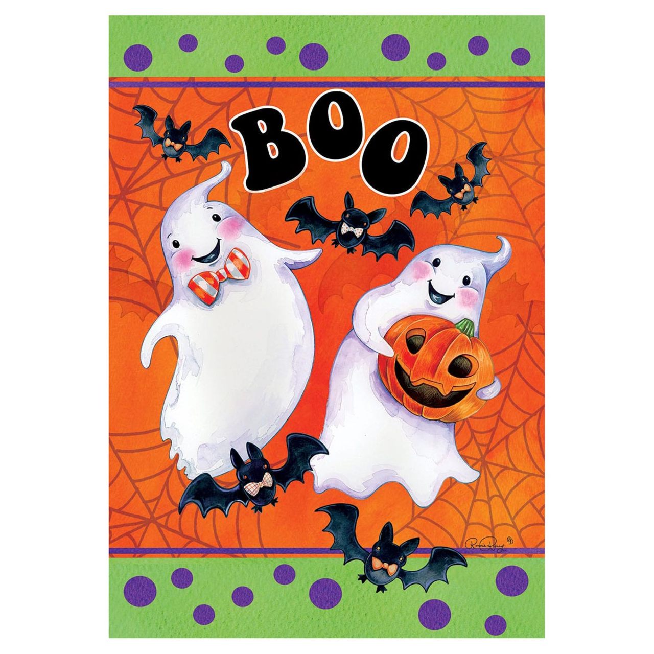Halloween-themed decorative garden flag with ghosts, pumpkins, and bats on an orange and green background.