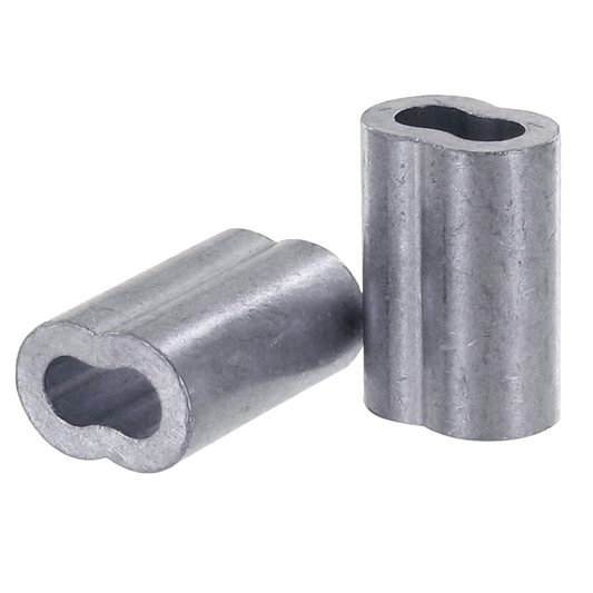 An aluminum cable and rope crimp on a white background