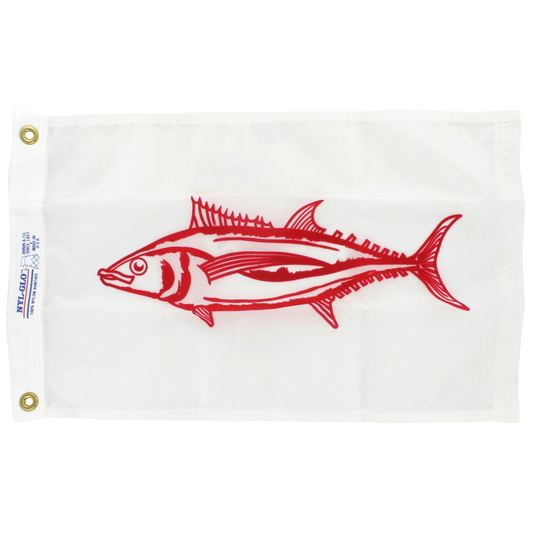 White flag with a red fish design on a white background