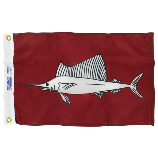 Red flag with a white fish illustration on a white background