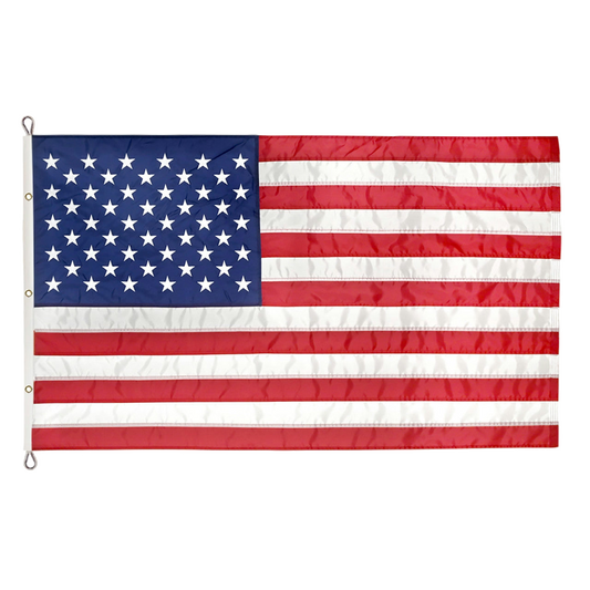 An American flag with 50 white stars on a blue canton and 13 red and white stripes, shown flat against a plain white background.