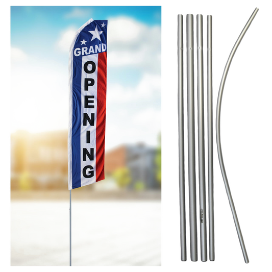 Grand opening feather flag with pole set against a blurred outdoor background