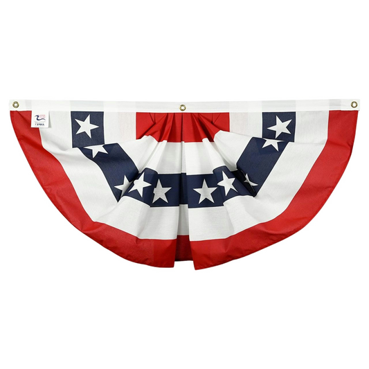 American flag-themed decorative bunting with red, white, and blue colors on a white background.