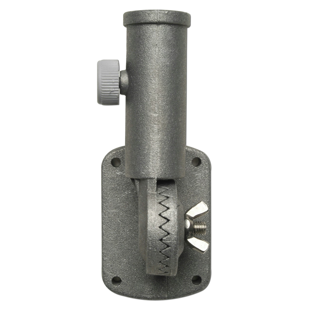 Metal flagpole mounting bracket with adjustable toothed hinge and tightening knob.