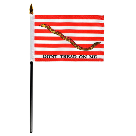 Red and white striped flag with a yellow snake and 'Don't Tread on Me' text on a white background.
