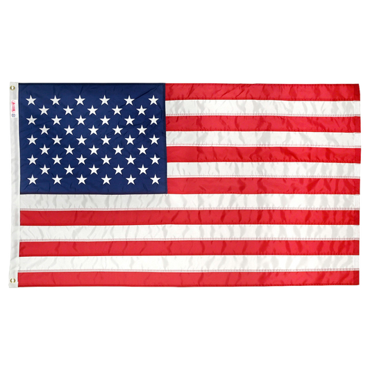 A 2ft x 3ft nylon American flag with brass grommets and a heavy canvas heading, displayed against a white background.