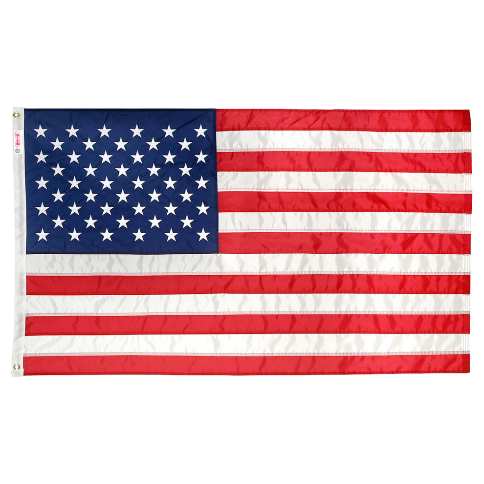 A 2ft x 3ft nylon American flag with brass grommets and a heavy canvas heading, displayed against a white background.