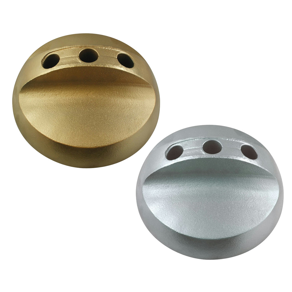 Two three-hole indoor flag bases on a white background with one base gold plated and the other silver plated