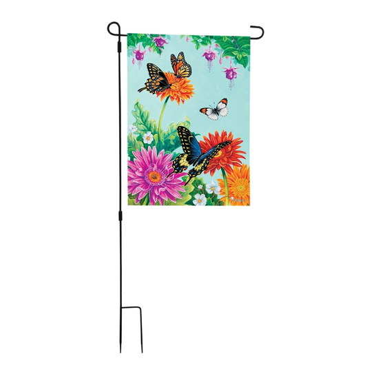 Garden flag with butterflies and flowers on a white background