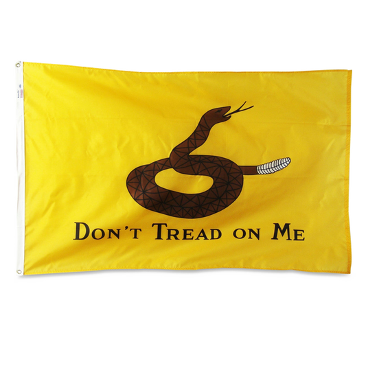 Flag with a snake design and 'Don't Tread on Me' text on a yellow background