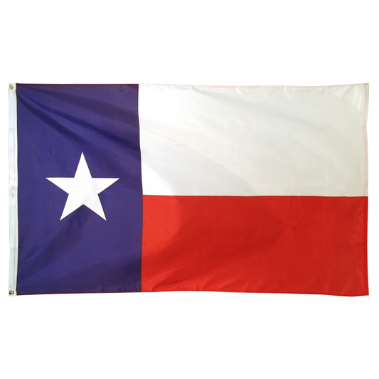 State of Texas Lone Star flag featuring the vertical blue panel with a white star alongside horizontal white and red stripes