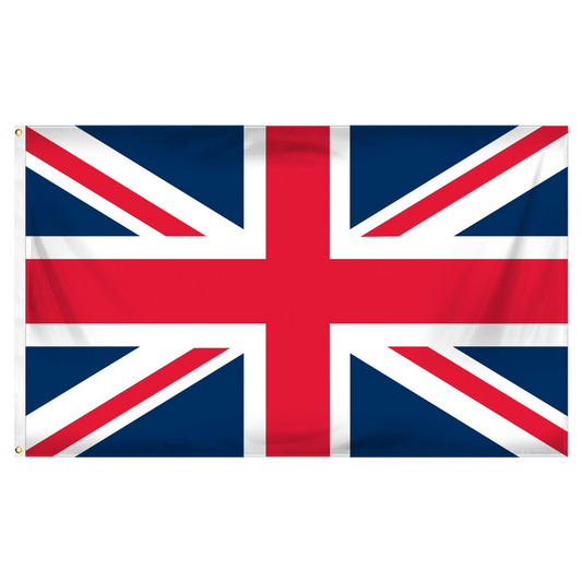 United Kingdom Union Jack flag with red, white, and blue colors, shown flat against a white background.