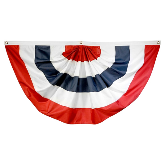 Decorative flag with red, white, and blue circular pattern on a white background