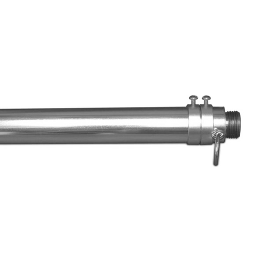 Silver flagpole section with threaded end, bolts, and attachment ring.