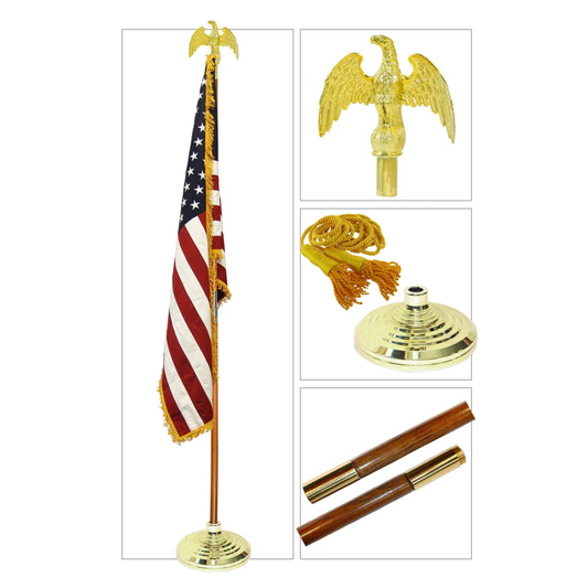 Collection of American flagpole kit parts including an American flag, eagle finial, tassel, base, and pole.