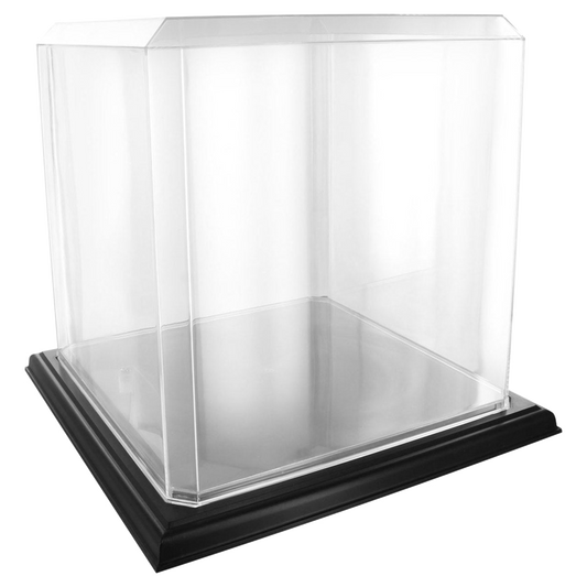 Clear display case with black base on a white background