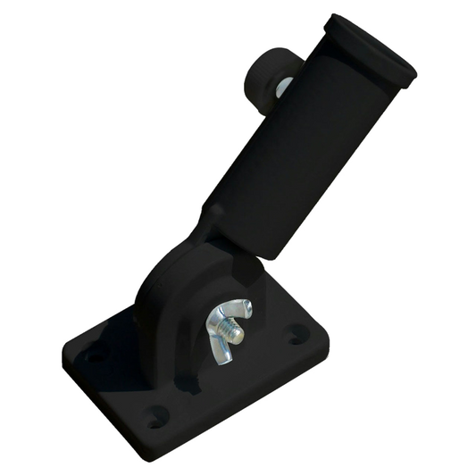 Black metal bracket with a screw on a white background