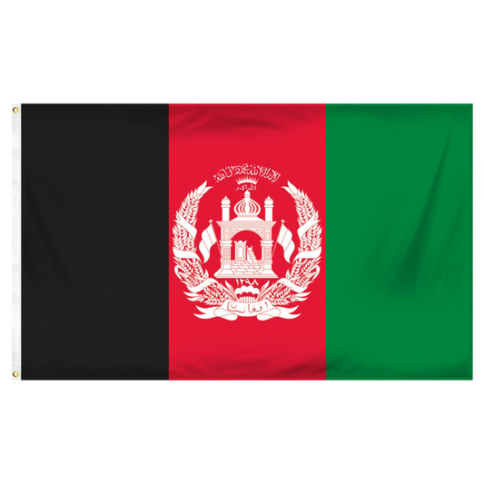 Flag of Afghanistan with black, red, and green colors and a white emblem in the center.