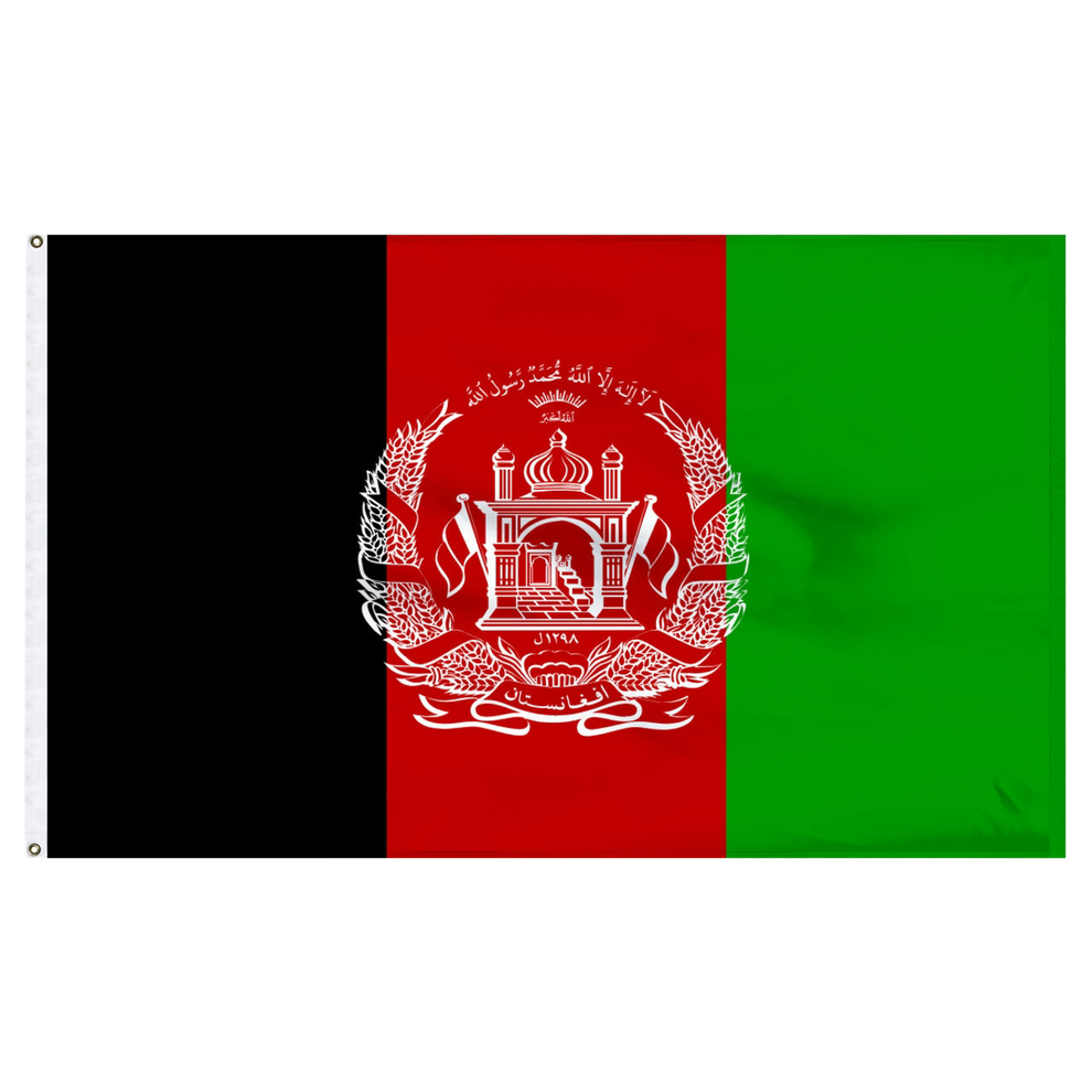 Flag of Afghanistan with black, red, and green colors and a white emblem in the center.