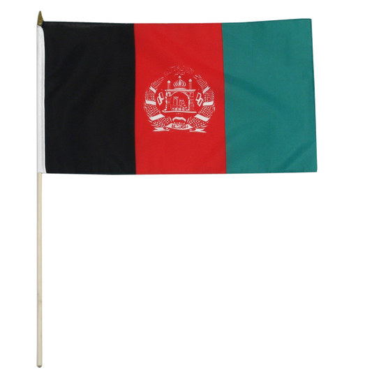 Flag of Afghanistan with black, red, and green colors and a white emblem in the center.