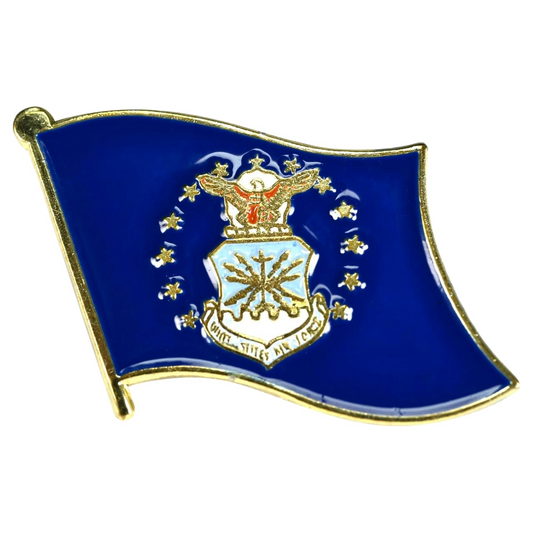 Blue Air Force flag shaped lapel pin with gold emblem and stars on a white background