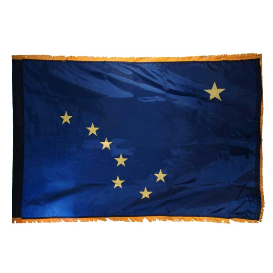 Alaska state flag with a blue background and yellow stars with yellow fringe on edges