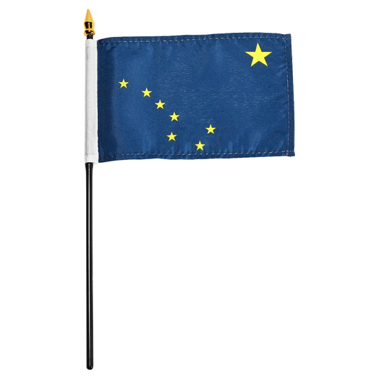 Alaska state stick flag with a blue background and yellow stars