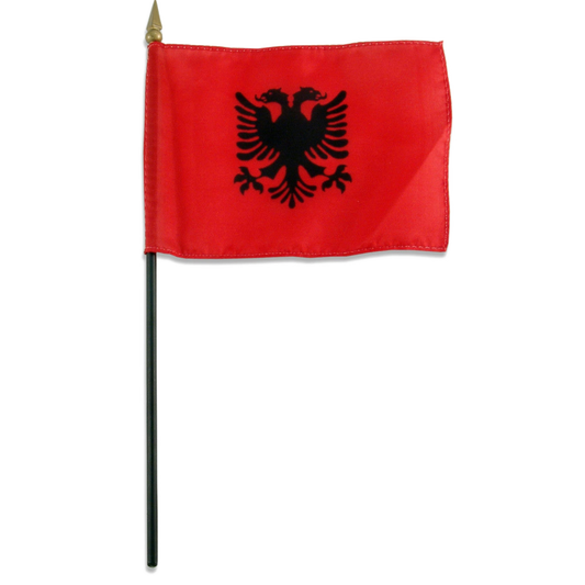 Albania red stick flag with black double-headed eagle emblem on a white background