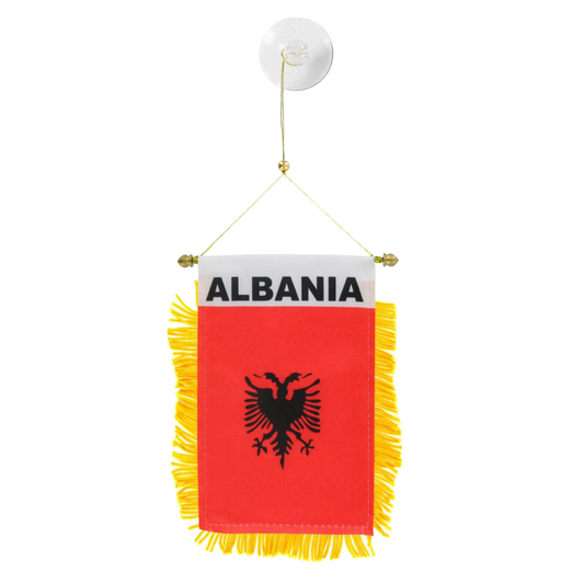 Small flag of Albania with a red background, yellow fringe, and black eagle emblem on a white background.