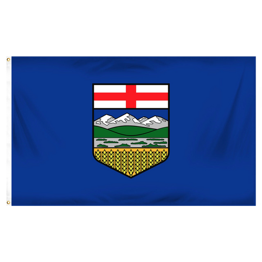 Alberta flag with a blue background and a central emblem featuring mountains, a cross, and a shield.