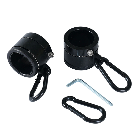 Black flag mounting rings featuring metal clamps with carabiners and a wrench on a white background