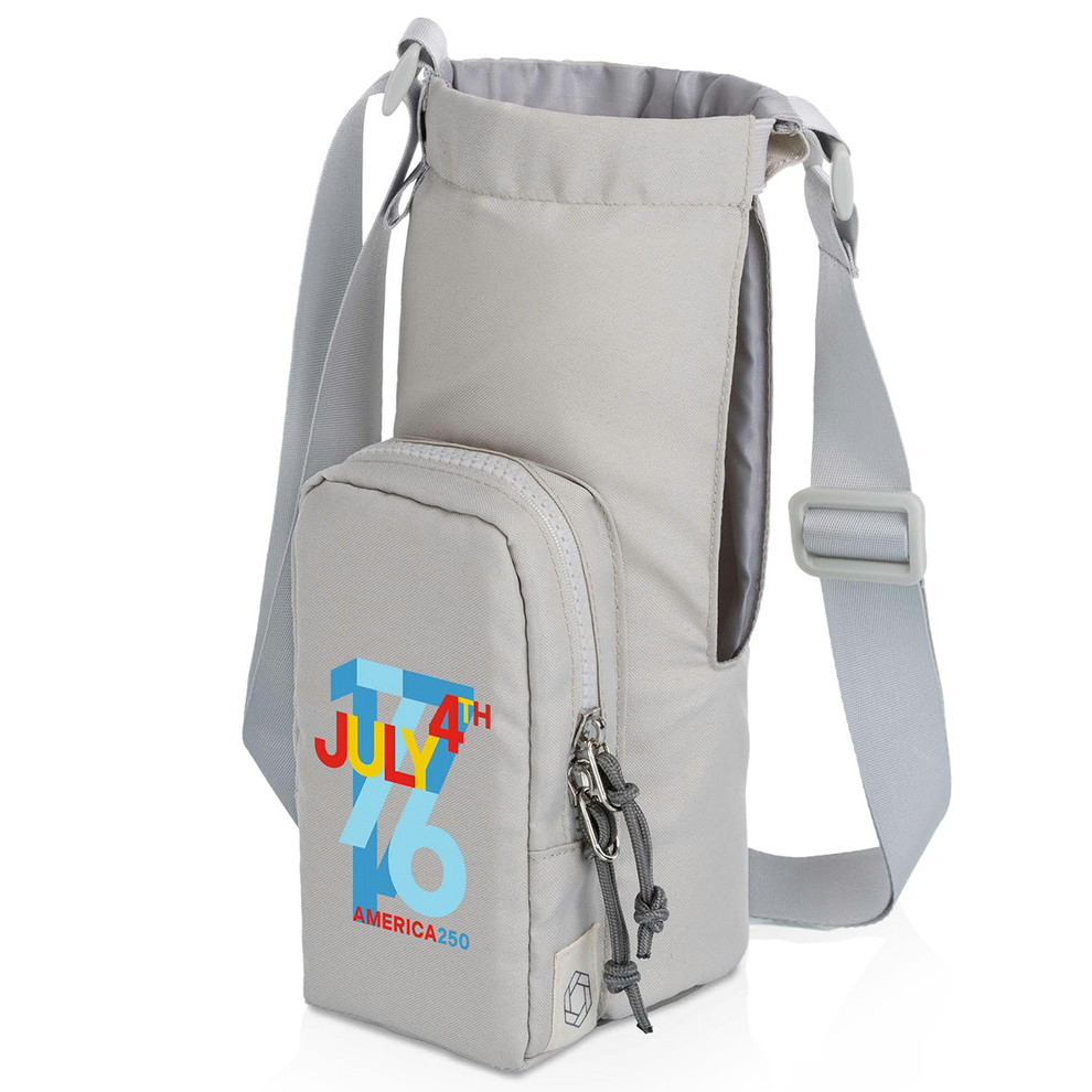 Gray crossbody bag with 'July 4th America' text on a white background