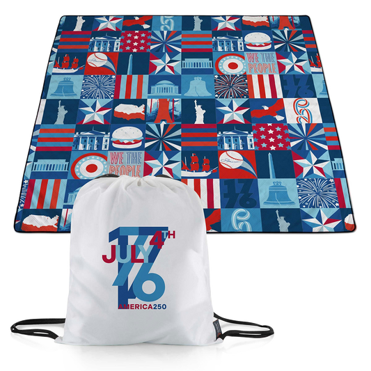 Colorful patterned mat with patriotic design and white drawstring bag with 'July 4th America 250' text.