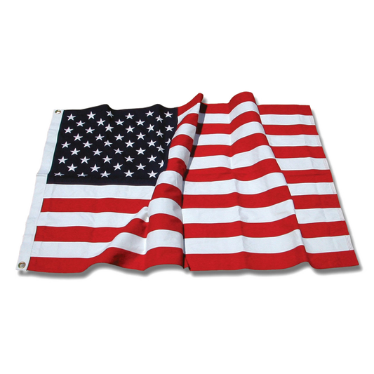 An American flag with red and white stripes and a black canton with white stars, shown laid flat against a plain white background.