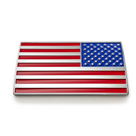A rectangular American flag emblem with a polished silver metallic border, featuring red and white stripes and a blue canton with white stars, shown on a clean white background.
