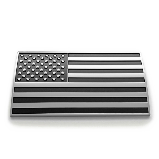 Black and white American flag design on a white background