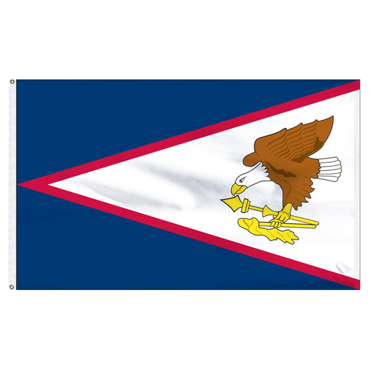 American Samoa flag with eagle holding a gold spear in white triangle with red outline on a blue flag background