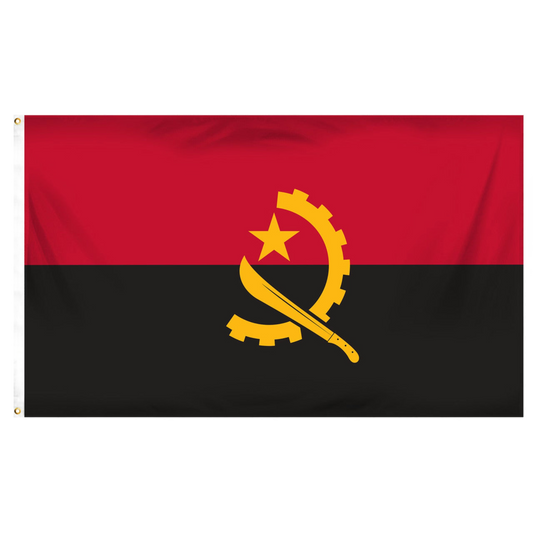 Flag of Angola with a red and black background and yellow emblem.