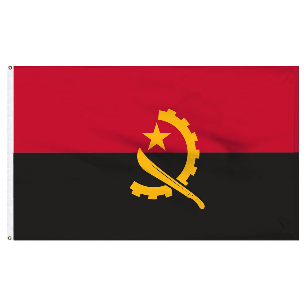 Flag of Angola with a red and black background and yellow emblem.