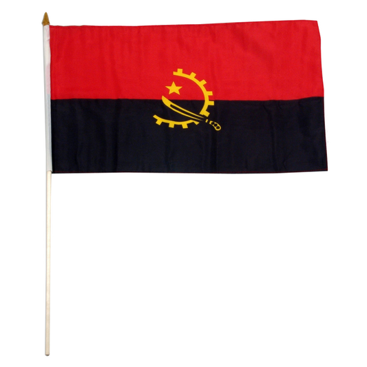 Flag of Angola with a red and black background and yellow emblem.